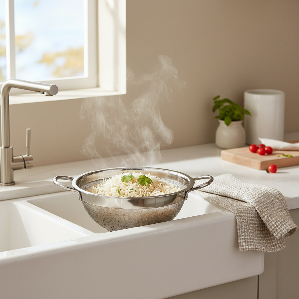 Stainless steel colander strainer with freshly drained pasta in a modern kitchen