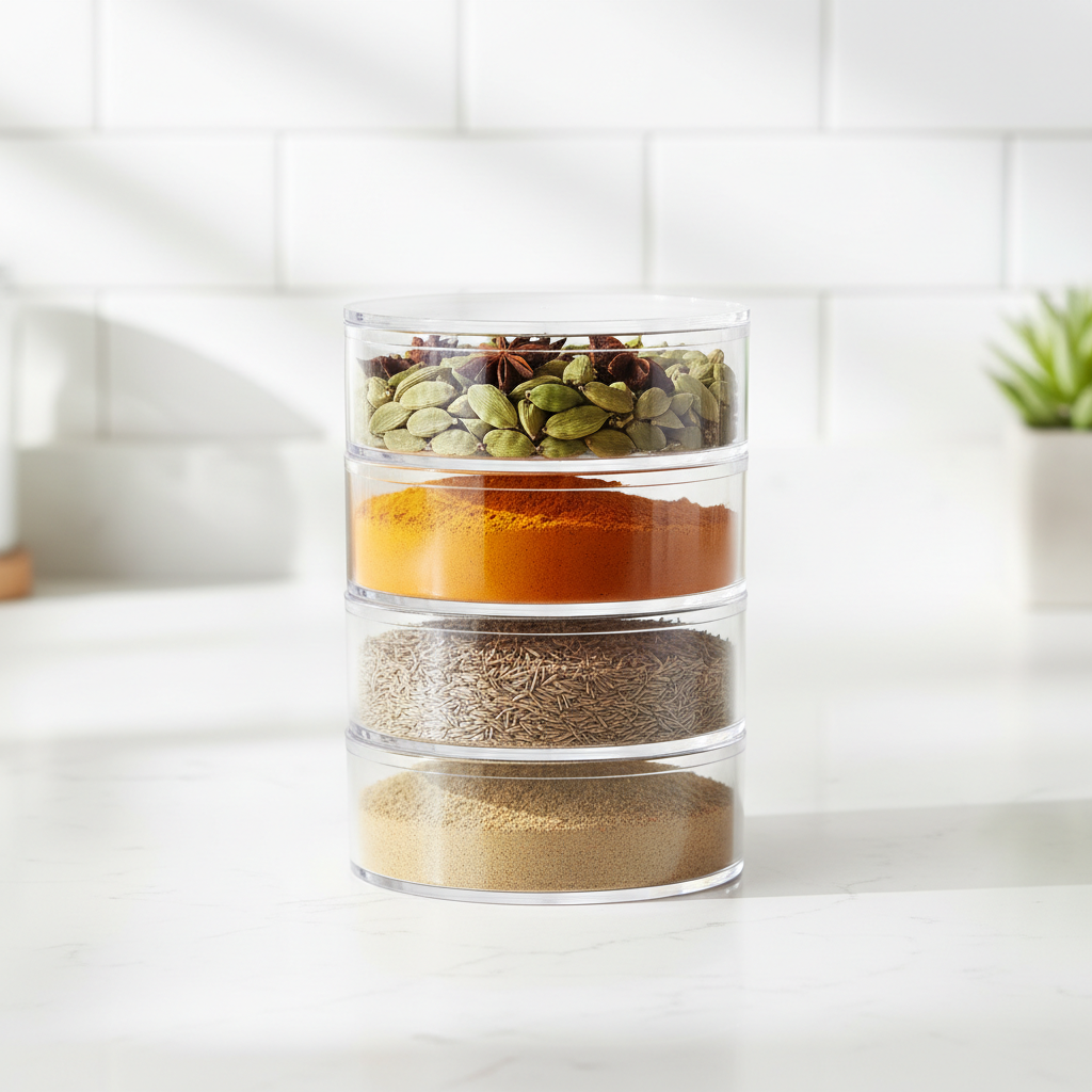 4-layer transparent spice storage box with colorful Indian masalas on kitchen countertop
