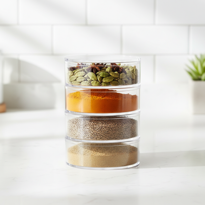 4-layer transparent spice storage box with colorful Indian masalas on kitchen countertop