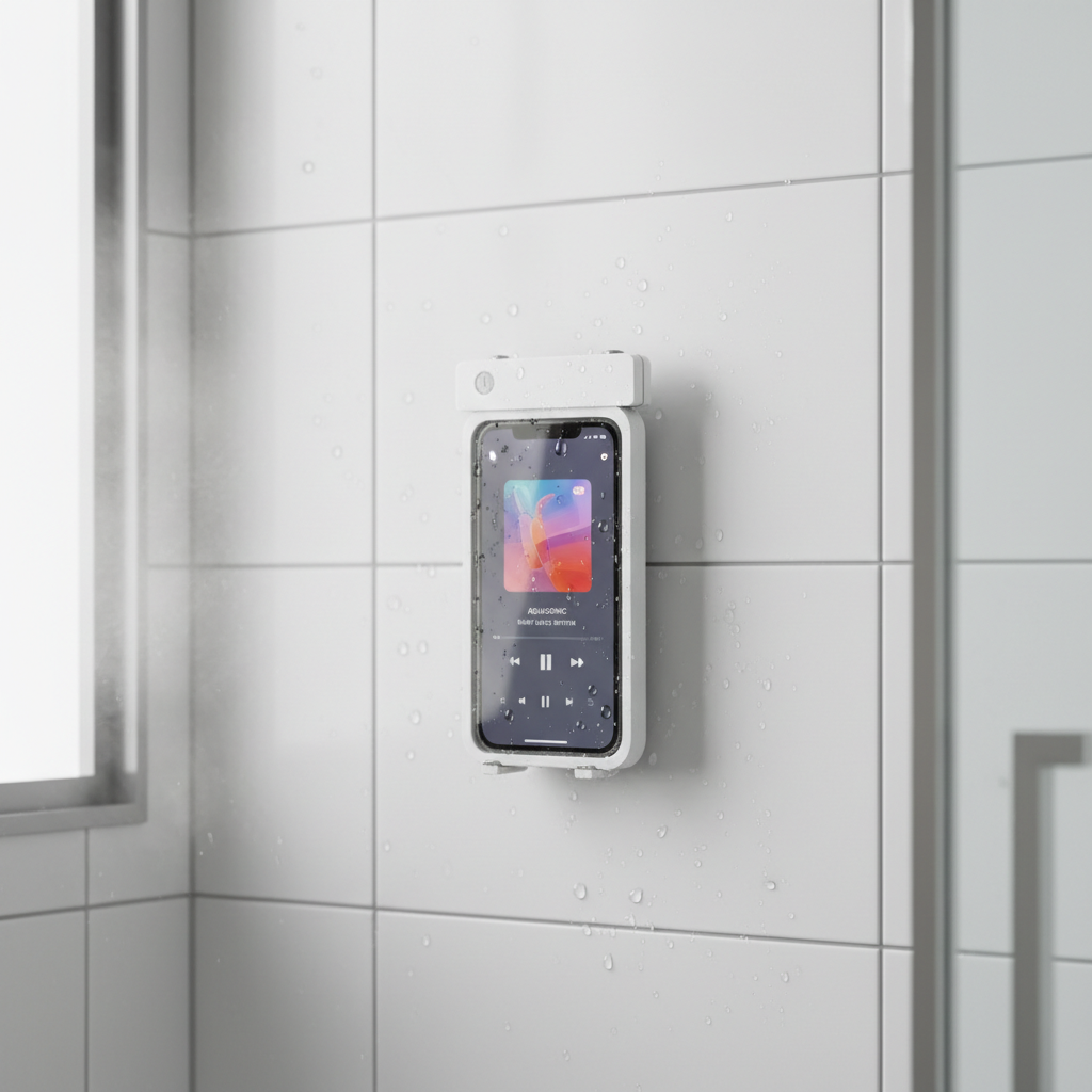 Waterproof shower phone holder mounted on bathroom wall showing music app