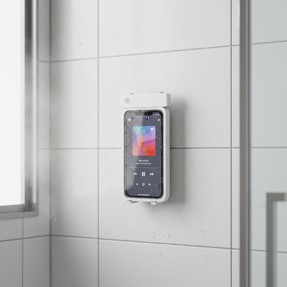 Waterproof shower phone holder mounted on bathroom wall showing music app